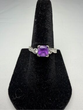 Solid 14k White Gold Lab Amethyst Ring 0.90ct + 0.40ctw Natural Diamond Sz 5.5